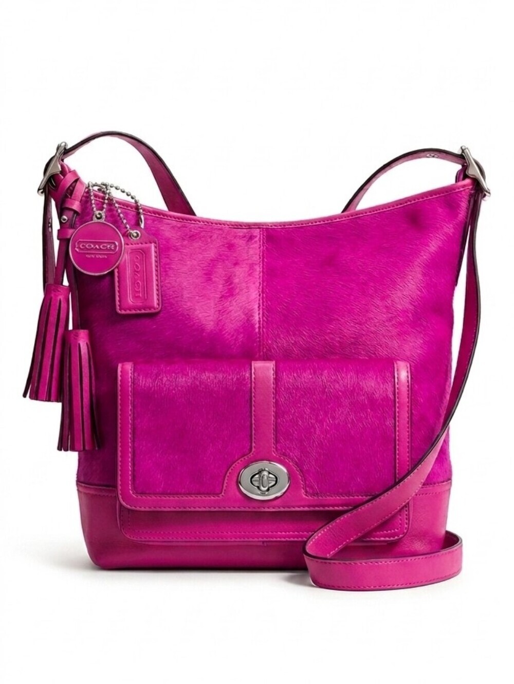 ​Coach Limited Edition Fuchsia Pink Calf Hair Legacy Duffle Tassel Bag #21158